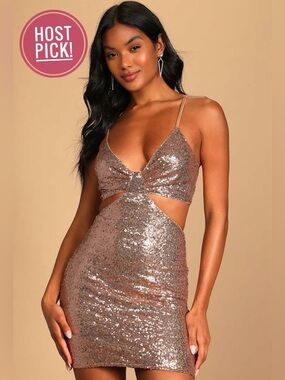 NWT! Lulus Feel the Glam Champagne Sequin Cutout Bodycon Mini Dress